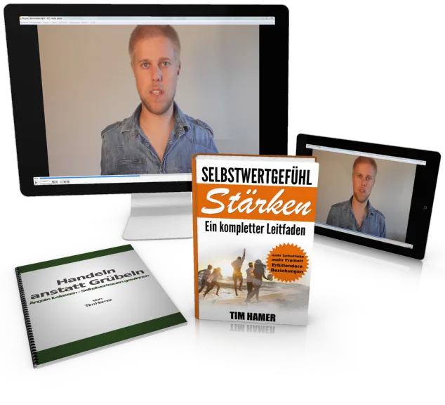 Bundle-Mockup mit Buch, Workbook, Videokurs auf Monitor und Tablet