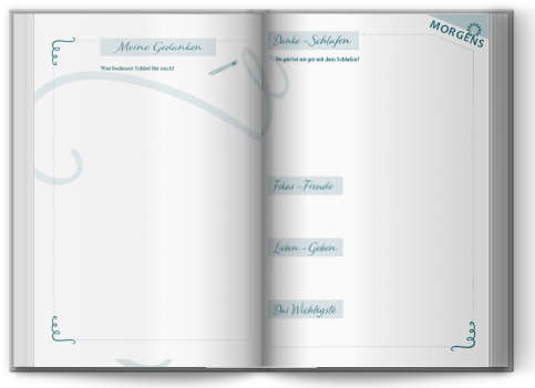 3D-Mockup des Self Care Journal mit Seiten zu Gedanken und Morgenroutine mit Platz zum Ausfüllen