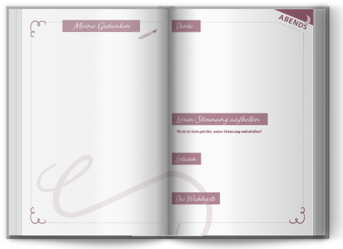 3D-Mockup des Self Care Journal mit rosa Designelementen und Abends-Seite mit Reflexionsfragen