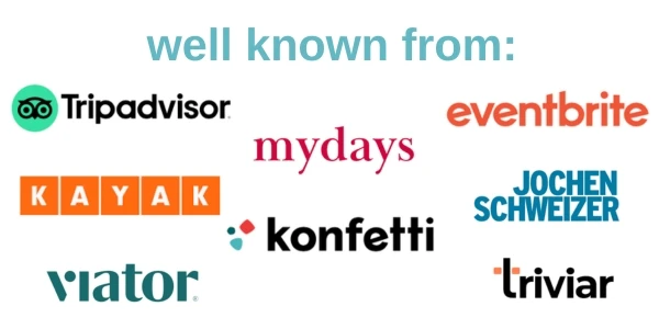 Logo-Sammlung von Tripadvisor, Viator, mydays, Eventbrite, Jochen Schweizer, Kayak, Konfetti und Triviar mobil