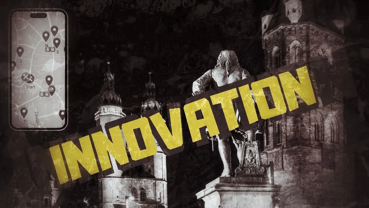Self-guided Scavenger Hunt Halle/Saale – Schnitzeljagd durch Halle 1 Scavenger Hunt Halle Hero-Image mit Statue, Kirchtürmen und gelbem INNOVATION-Text