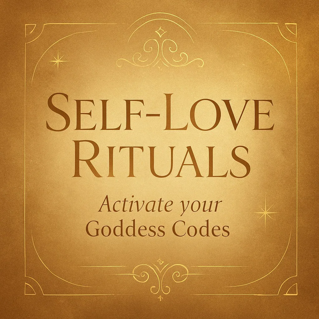 Self-Love Rituals Cover mit goldenem Hintergrund, Ornament und Schrift – Activate your Goddess Codes