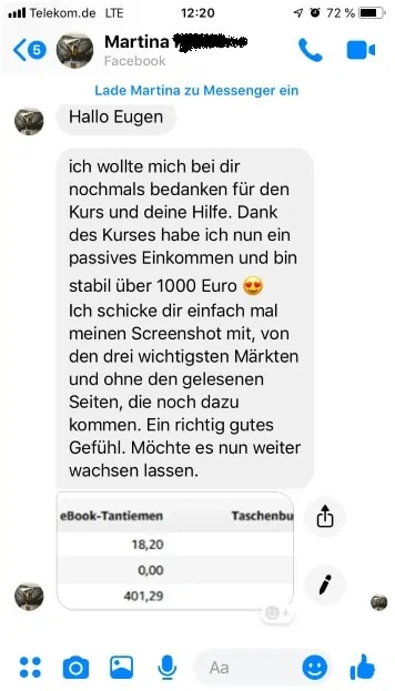 Facebook-Nachricht von Martina mit Testimonial zum Self Publishing Masterkurs