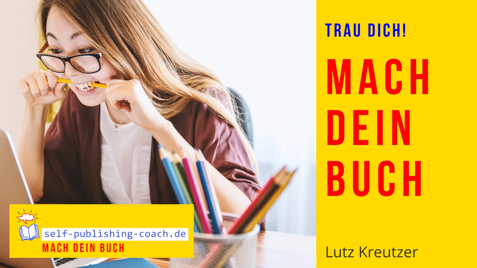 Self-Publishing mit Profi Knowhow – Videokurs fürs Selbstverlegen 2 Frau mit Brille malt mit Buntstiften, Mach dein Buch Self-Publishing Kurs