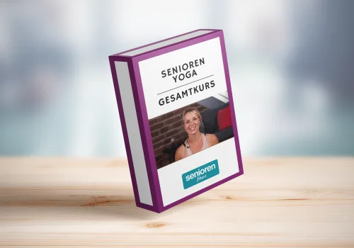 Produktverpackung Senioren-Yoga Gesamtkurs mit lila Karton-Design auf Holzoberfläche