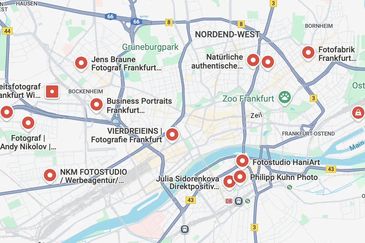 Stadtplan von Frankfurt mit Markierungen lokaler Fotografen und Studios als Beispiel für lokale SEO-Optimierung