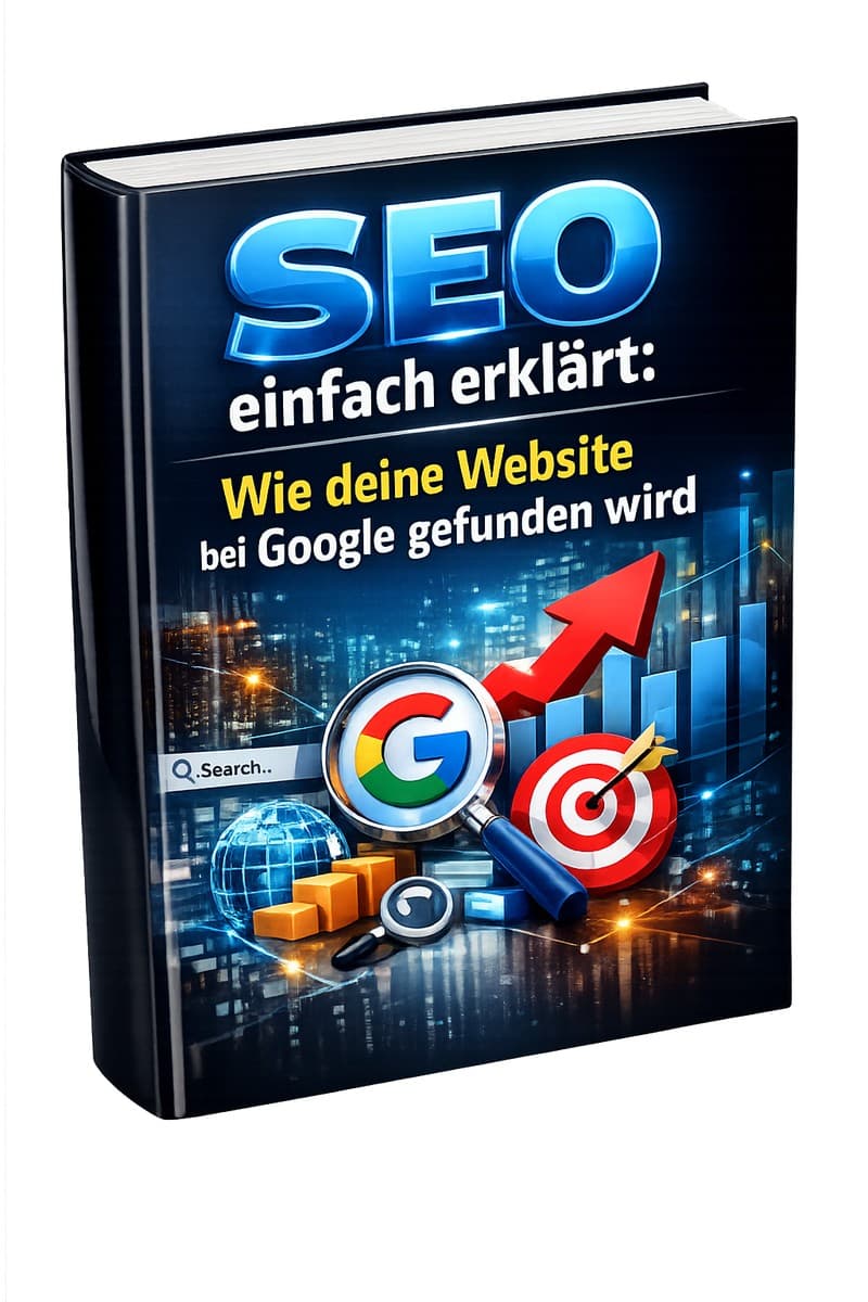 E-Book-Cover SEO einfach erklärt mit blauem Hintergrund, Google-Logo und Zielscheibe