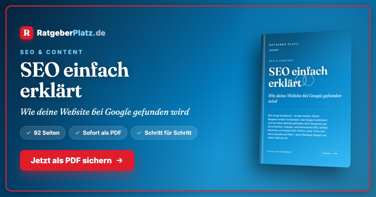 Hero-Banner für SEO einfach erklärt mit RatgeberPlatz-Logo, Buchtitel und Call-to-Action-Button