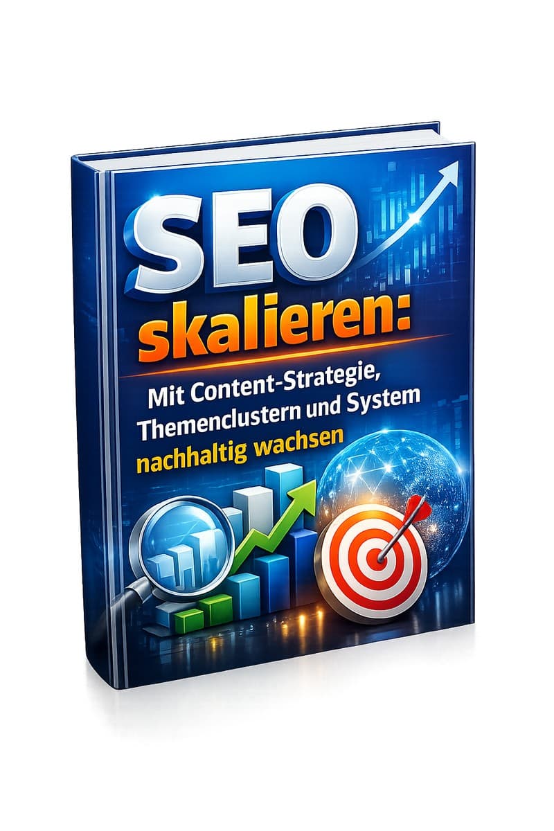 E-Book-Cover SEO skalieren mit blauem Design, Lupe, Zielscheibe und Aufwärts-Pfeilen