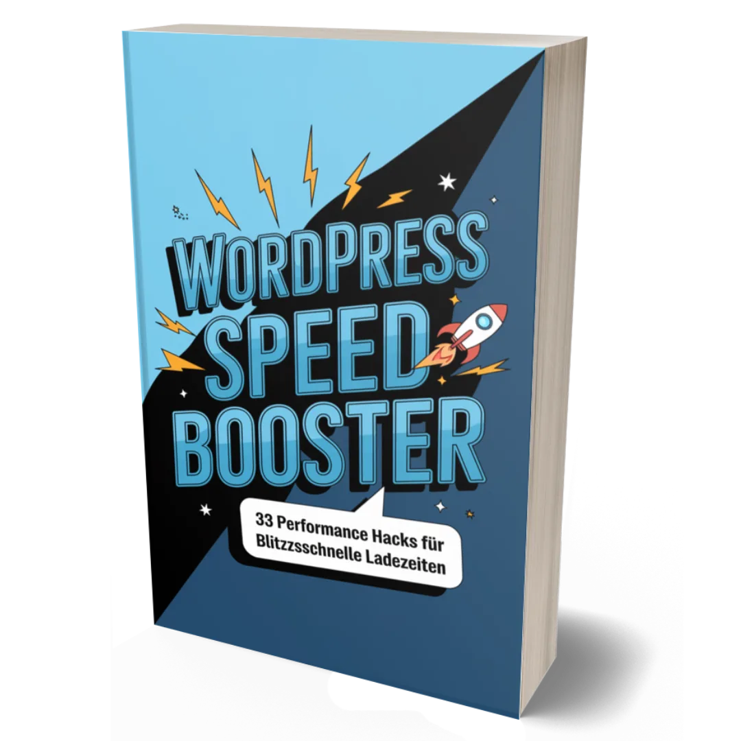 WordPress Speed Booster eBook Cover mit Blitzschlag und Rakete auf dunklem Hintergrund