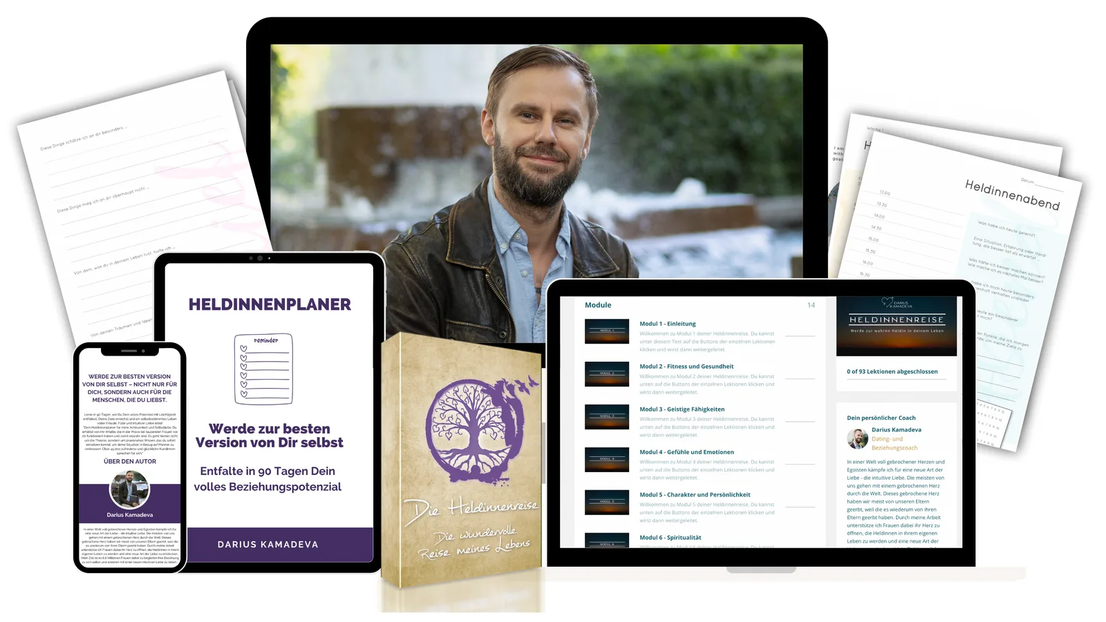 Mockup-Darstellung der Heldinnenreise Onlinekurs mit Autor Darius Kamadeva auf mehreren Geräten