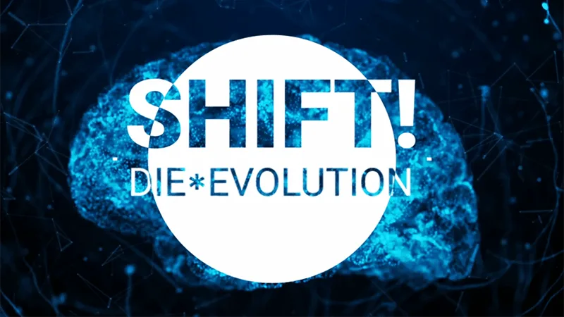 SHIFT! Die Evolution – Hero-Banner mit blauem Globus und Netzwerk-Grafik