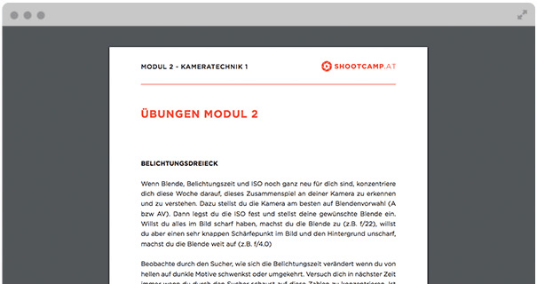 Übungsanleitung Modul 2 Kameratechnik mit Erklärtext zu Belichtungsdreieck, Blende und ISO