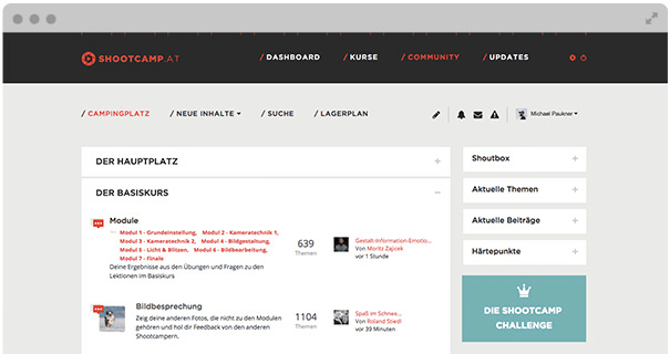 Shootcamp Community-Dashboard mit Campingplatz, Basiskurs, Modulen, aktuellen Themen und Härtespunkte-Leaderboard