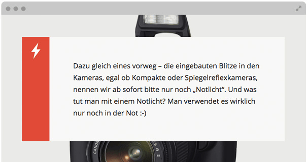 Quick-Tip-Sektion mit rotem Akzent-Balken und Tipps zum Umgang mit Blitzlicht in der Fotografie