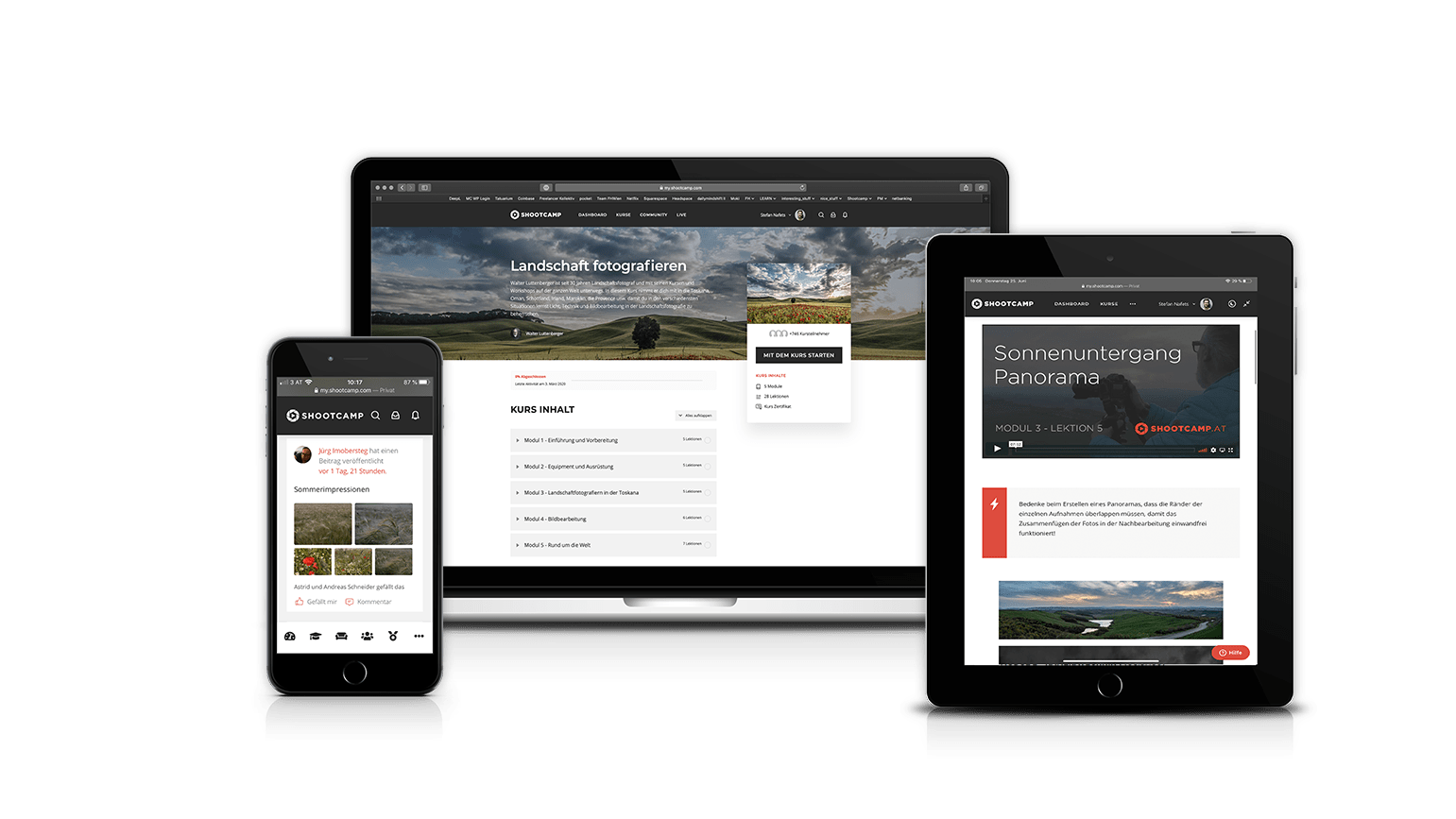 Hero-Bild des Shootcamp Landschaftsfotografie-Kurses mit Landschaftsaufnahme und Kursübersicht auf Desktop, Tablet und Smartp