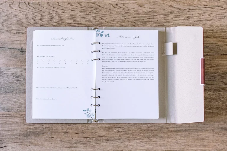 Aufgeschlagener Hochzeitsplaner mit Bestandsaufnahmefragen und Hochzeitsdaten