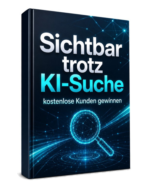 Mockup des E-Book Covers "Sichtbar trotz KI-Suche" als 3D-Produktabbildung mit Netzwerk-Design