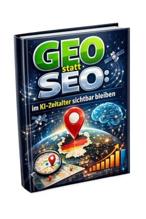 E-Book Cover "GEO statt SEO – im KI-Zeitalter sichtbar bleiben" mit Satellit und grüner Schrift