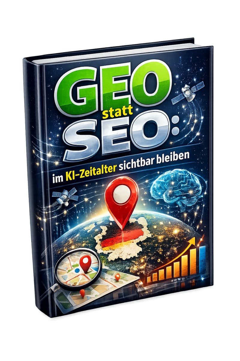 E-Book Cover "GEO statt SEO – im KI-Zeitalter sichtbar bleiben" mit Satellit und grüner Schrift