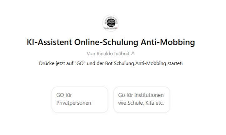 Silber-Paket gegen Mobbing – Videokurs zum Schutz von Kindern 4 KI-Assistent Online-Schulung Anti-Mobbing Startseite mit zwei Buttons für Privatpersonen und Institutionen
