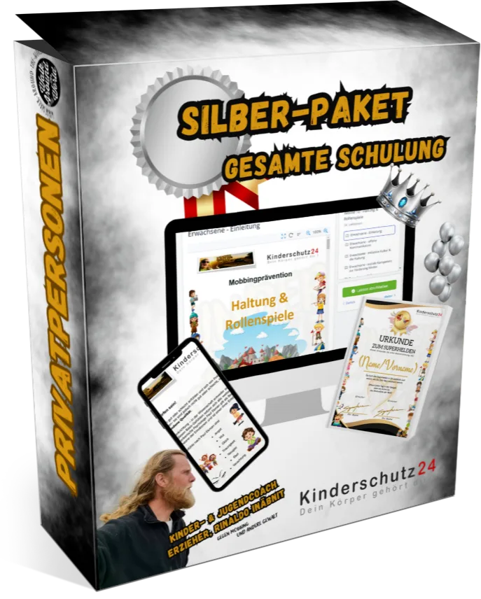 Silber-Paket gegen Mobbing – Videokurs zum Schutz von Kindern 3 Silber-Paket Gesamtschulung Produktbox mit Zahnrad-Logo, Tablet- und Smartphone-Mockups sowie Urkunde