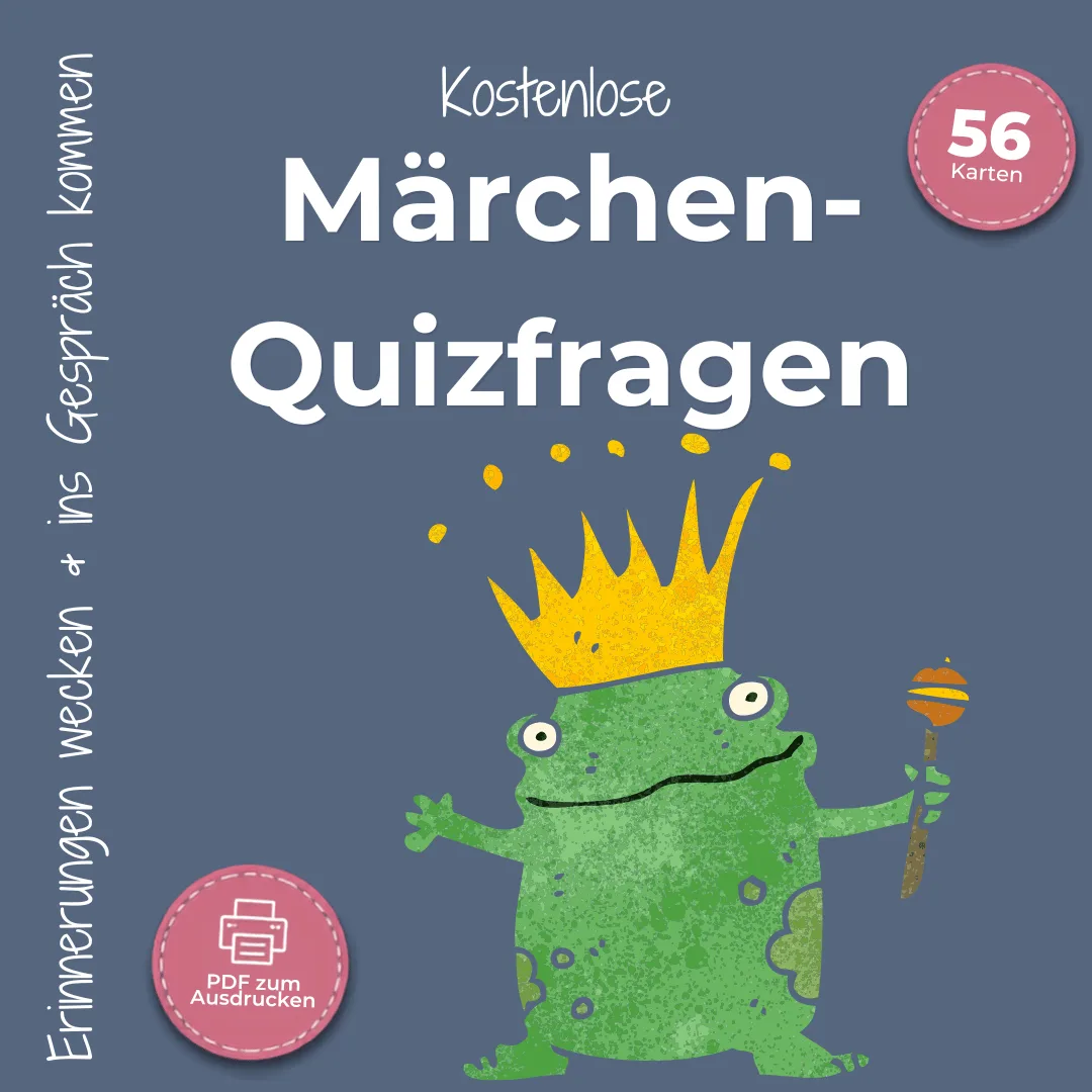 Silberne Zukunft Aktivierungsbibliothek – Seniorenbetreuung-Paket 3 Märchen-Quizfragen Spielideen mit grünem Frosch und Krone, 56 Karten