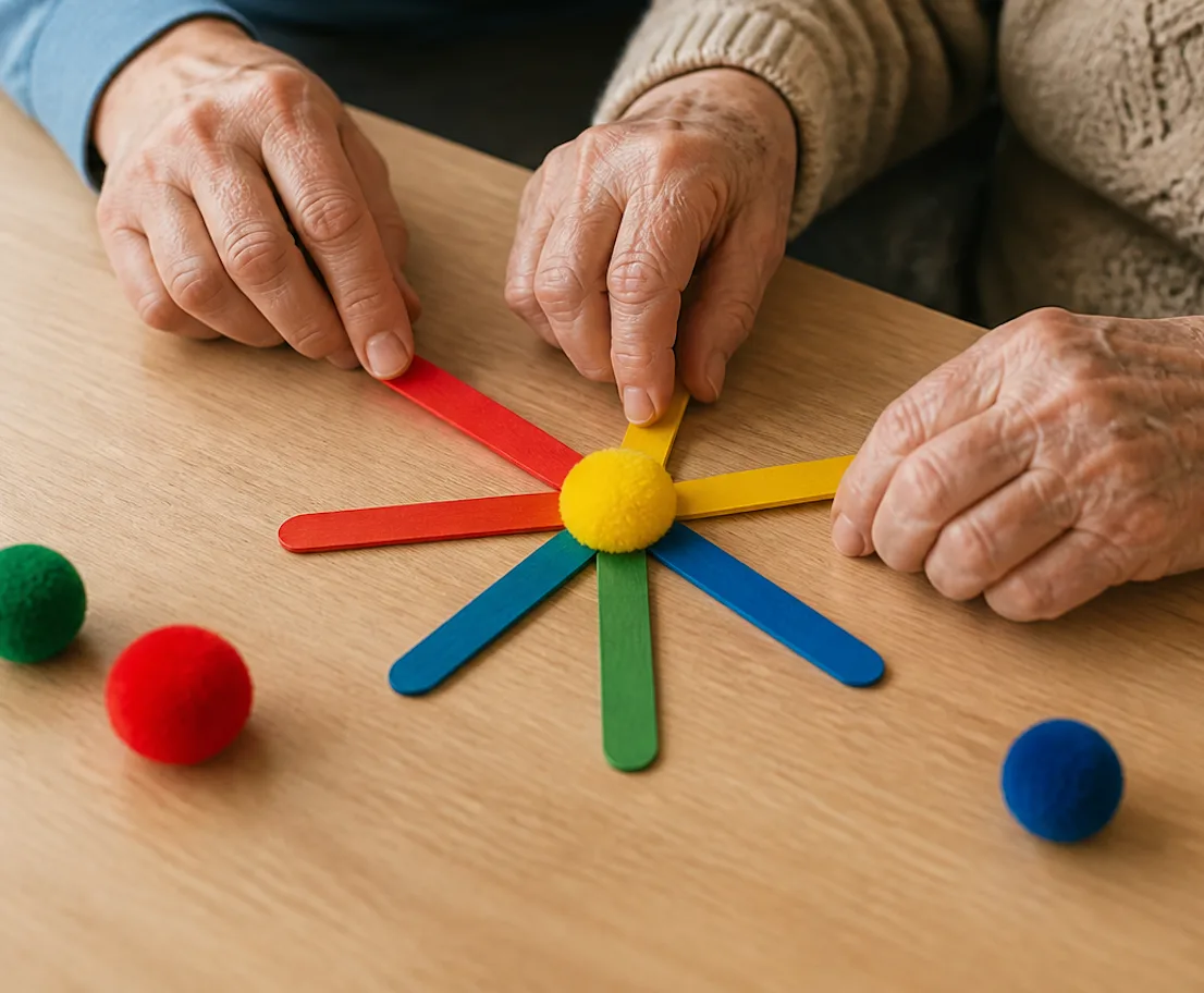 Silberne Zukunft Aktivierungsbibliothek – Seniorenbetreuung-Paket 2 Seniorin und zwei Senioren spielen Farbspiel mit Stäben und Bällen auf Holztisch