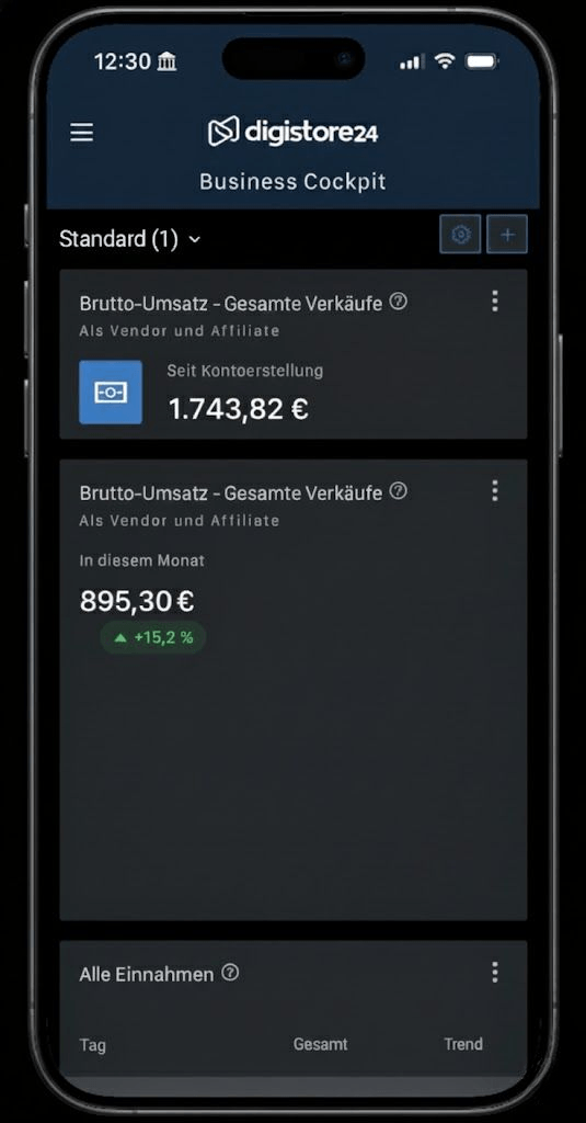 Silent Sales Mastery – Kurs für Online-Nebeneinkommen 4 digistore24 Business Cockpit auf Smartphone, Brutto-Umsatz 895,30 € mit +15,2 % Anstieg