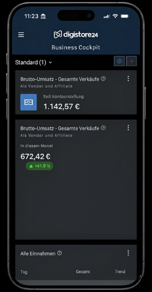 Silent Sales Mastery – Kurs für Online-Nebeneinkommen 3 digistore24 Business Cockpit auf Smartphone, Brutto-Umsatz 672,42 € mit +41,9 % Anstieg