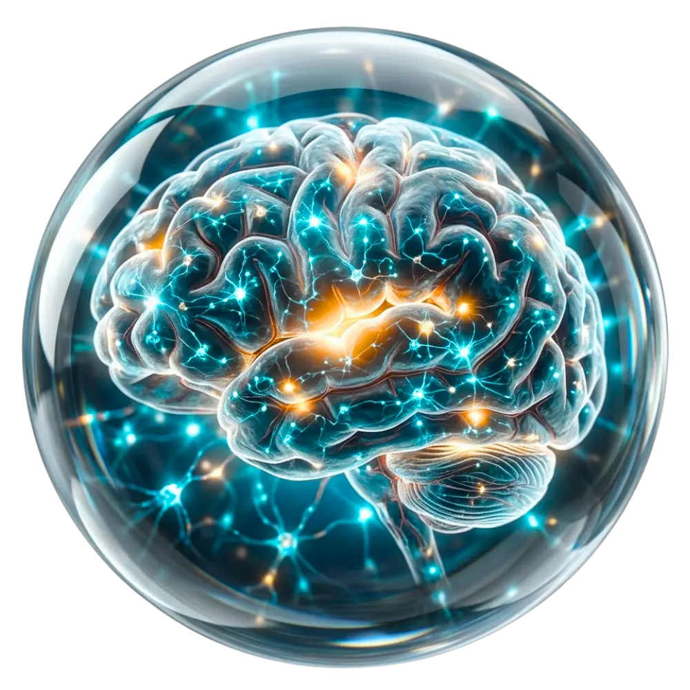 Glaskugel mit leuchtend illuminiertem Gehirn und blauen, orangen Synapsen-Verbindungen