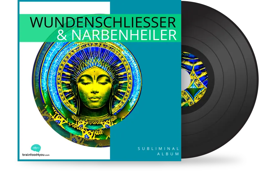 Vinyl-Album-Mockup Wundenschließer & Narbenheiler – Grünes spirituelles Antlitz mit gelbem Heilsymbol