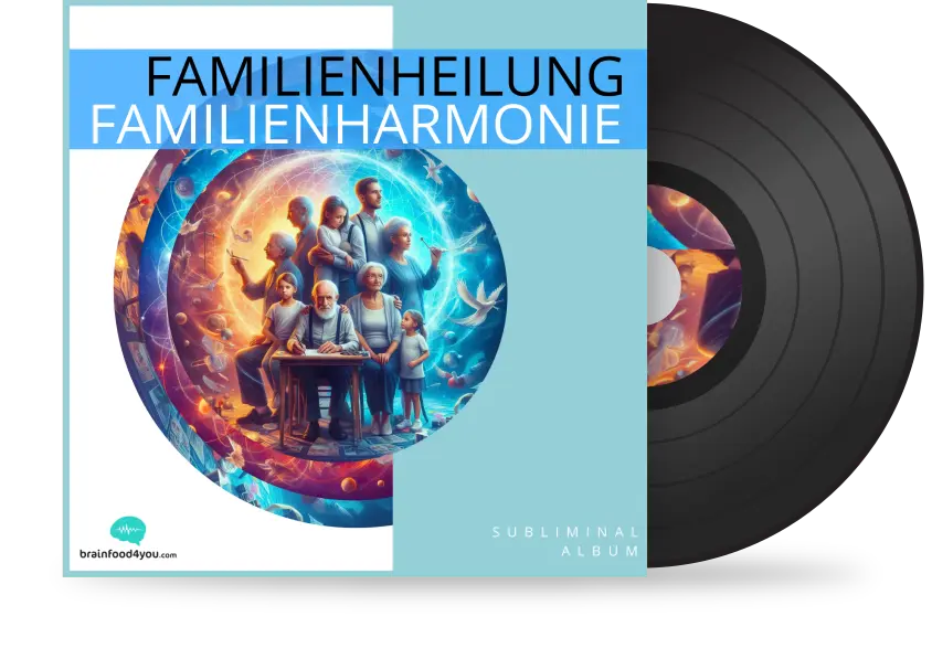 Vinyl-Album-Mockup Familienheilung Familienharmonie – Familie in Energiefeld auf blauem Hintergrund