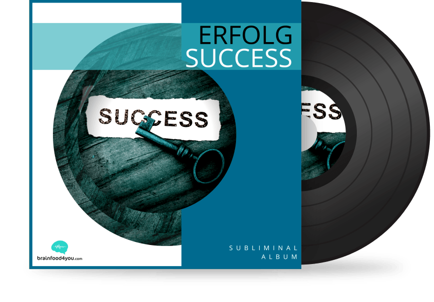 Vinyl-Album-Mockup Erfolg Success – Schlüssel auf Holz mit türkisem Design und schwarzer Schallplatte