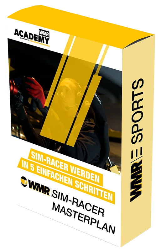 Sim-Racer Masterplan Box mit gelbem Design und Fahrerporträt