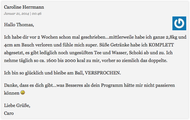 Simple Sixpack – E-Book mit Übungsvideos von Thomas Bluhm 3 Kundenbewertung von Caroline Herrmann über Erfolg mit Simple Sixpack Programm nach 2 Wochen