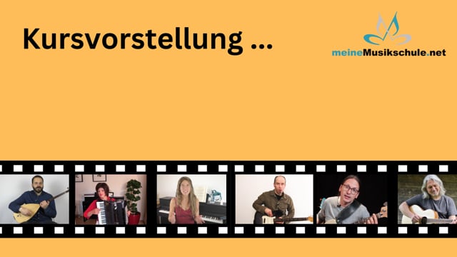 Kursvorstellung mit Filmstreifen und sieben Kursleiter-Porträts, meineMusikschule.net Logo auf gelbem Hintergrund