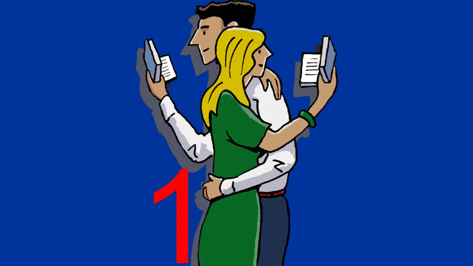Single kann kein Zufall sein – Kurs 1: Richtig daten! von Michael Mary 5 Illustration: Mann und Frau halten Notizbücher, grünes und gelbes Element, große rote Ziffer "1", blauer Hintergrund