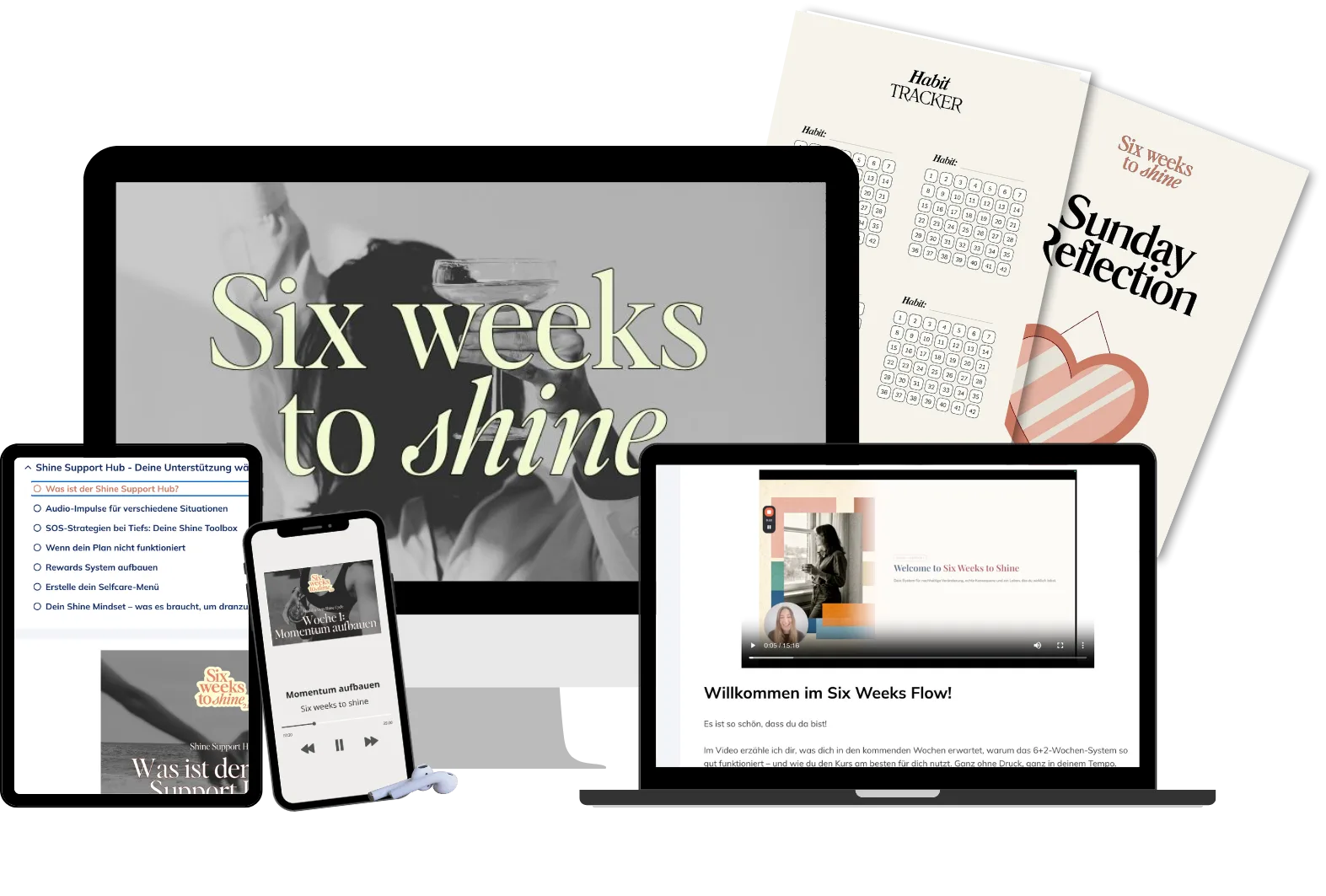 Six Weeks to Shine Mockup mit Laptop, Smartphone, Tablet und Printmaterialien