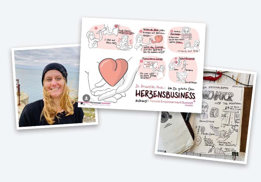 Kundin Christine M. mit Sketchnotes-Arbeiten, handgezeichnete Herzensbus-Grafik und bebilderte Kursergebnisse