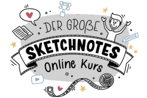 Der große Sketchnotes Online Kurs Kurscover mit handgezeichneter Illustration, Banner, Strichmännchen, Symbole und Sterne