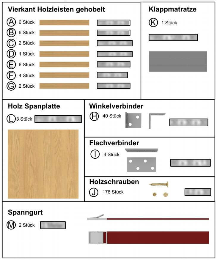 Skoda Enyaq Cama doble – Bauanleitung Auto-Doppelbett von Mobiles Bett 6 Technische Zeichnung mit Übersicht aller Komponenten für Autobett-Montage