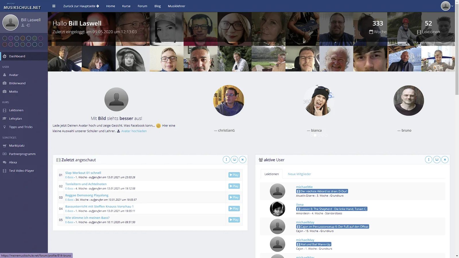 Screenshot Community-Dashboard mit Benutzer-Profilen, Activity Feed und aktiven Mitgliedern