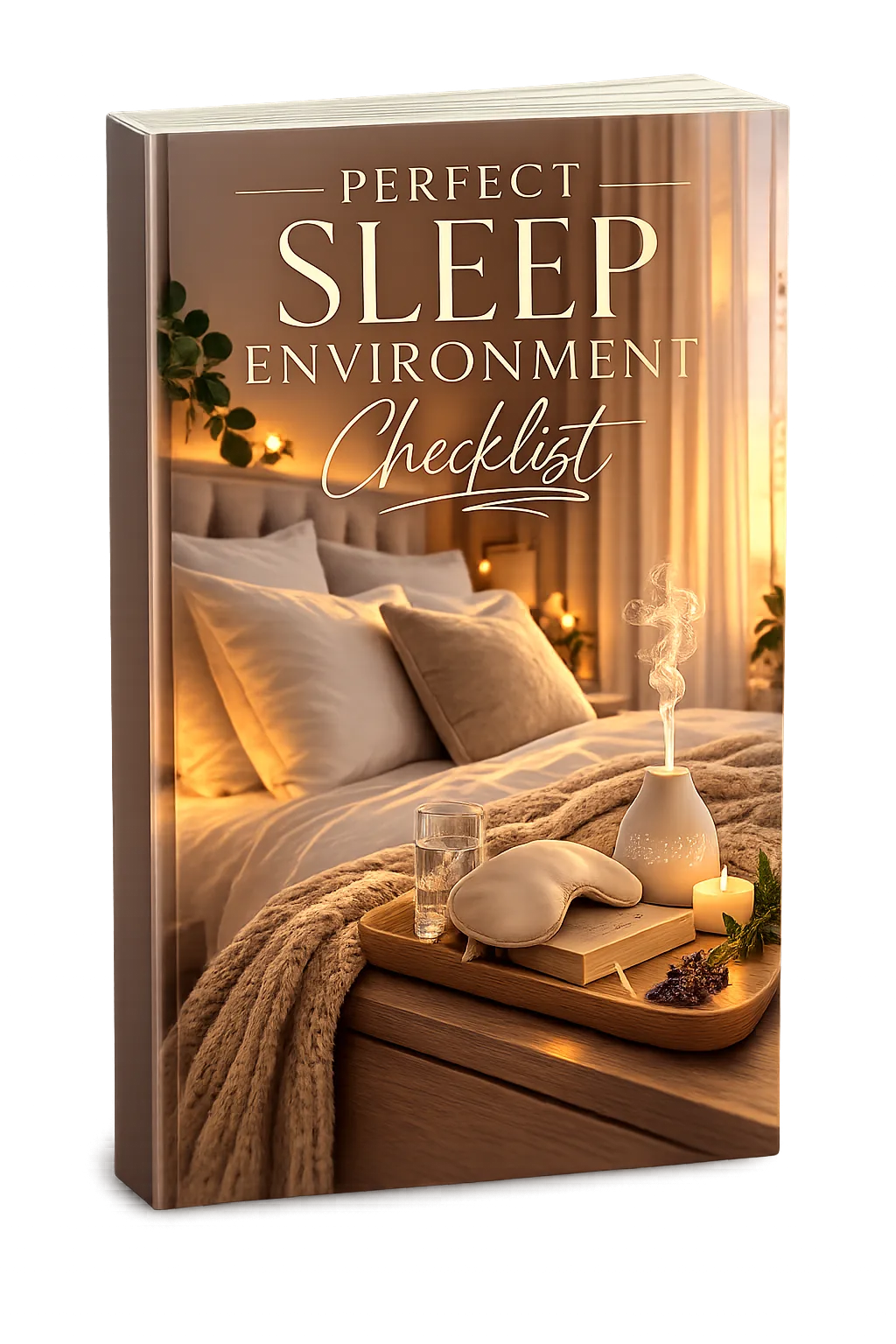 Perfect Sleep Environment Checklist Cover mit gemütlichem Schlafzimmer bei Lampenlicht