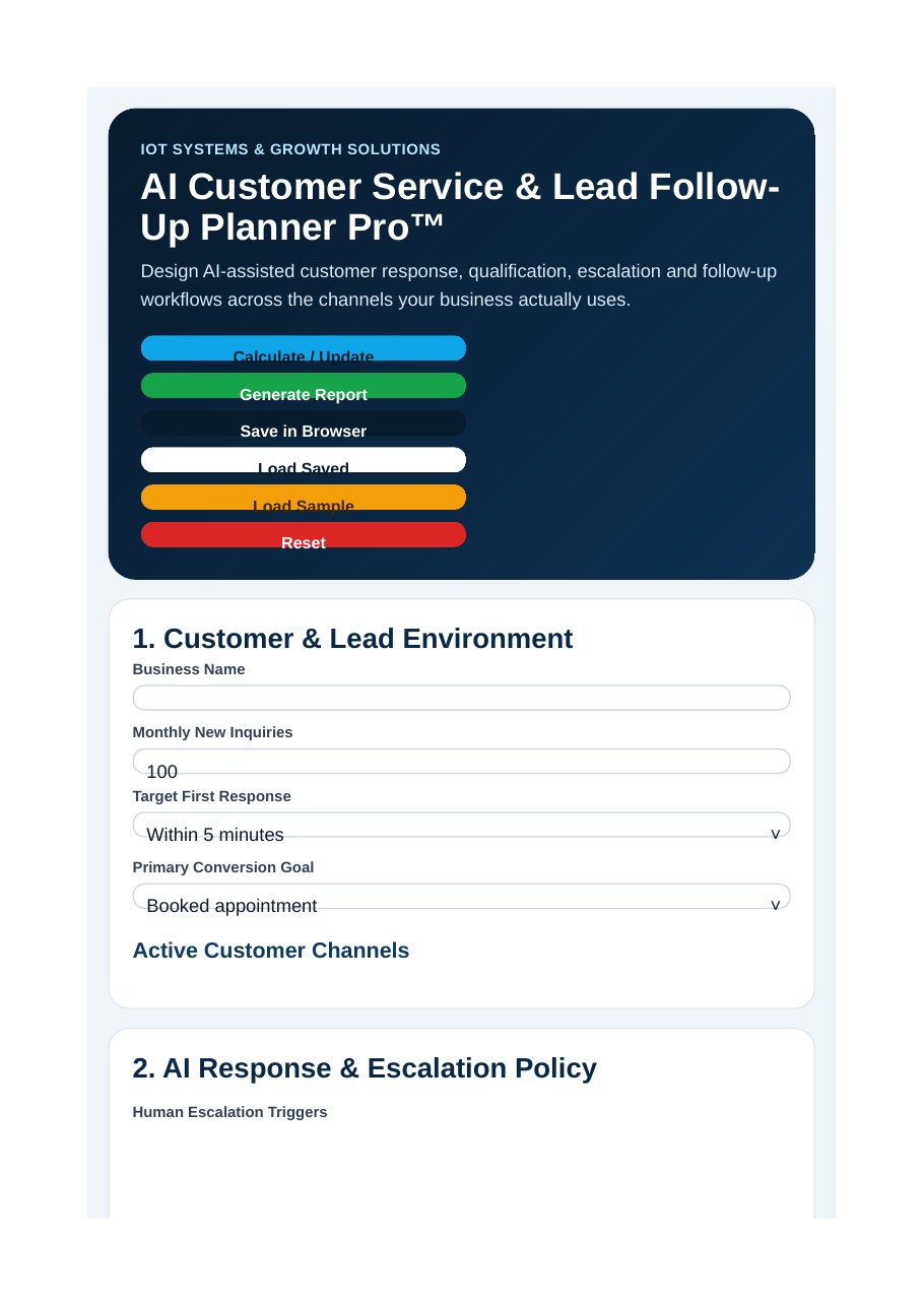 AI Customer Service & Lead Follow-Up Planner Pro Formular mit Customer & Lead Environment und AI Response & Escalation Policy