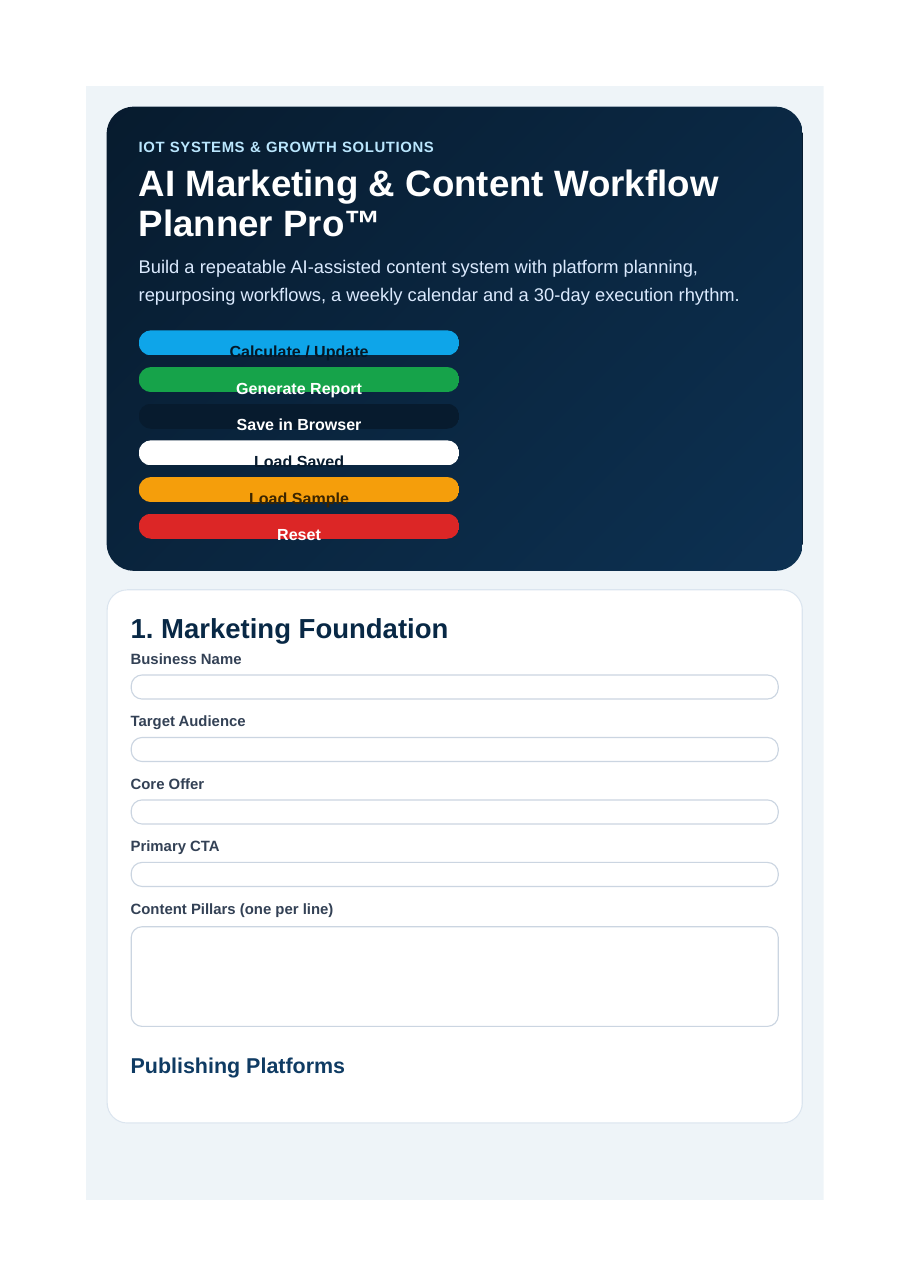 AI Marketing & Content Workflow Planner Pro Formular mit Marketing Foundation und Publishing Platforms Eingabefeldern