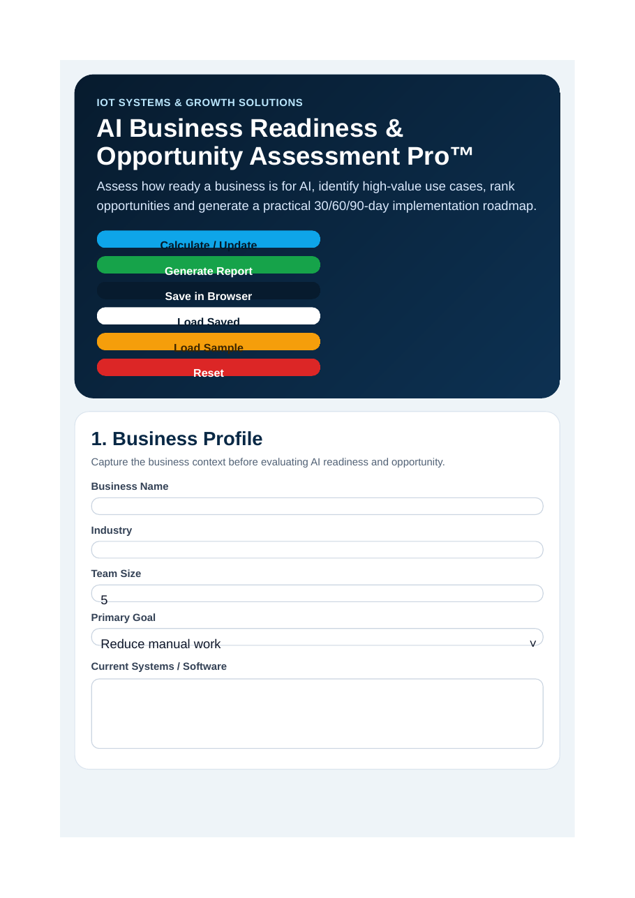 AI Business Readiness & Opportunity Assessment Pro Formular mit Business Profile Eingabefeldern