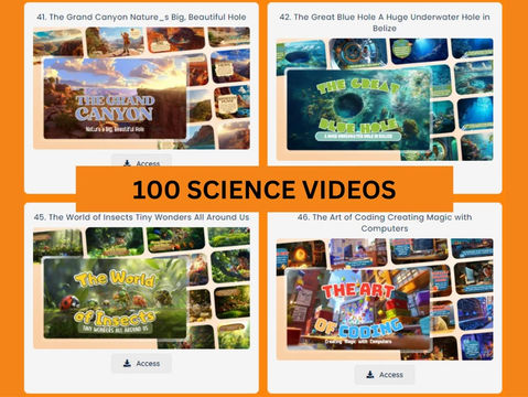 100 Science Videos Sammlung mit vier Themen: Grand Canyon, Blue Hole, Insects und Coding Art
