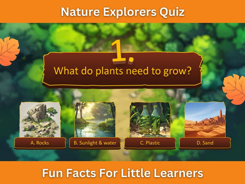 Nature Explorers Quiz mit Frage zu Pflanzenwachstum und Multiple-Choice-Antworten