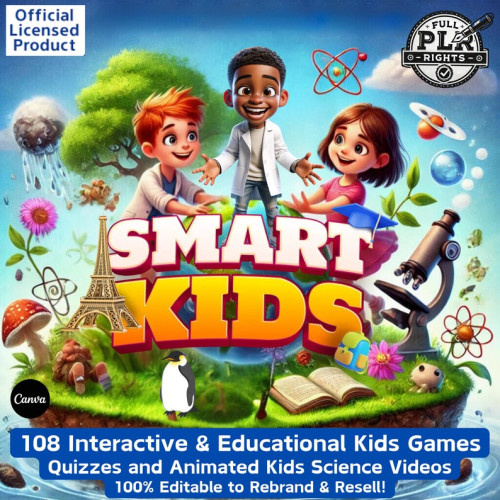 SMART KIDS Cover mit vier Kindern, Wissenschaftsmotiven und Produkttext zu 108 Spielen und Videos
